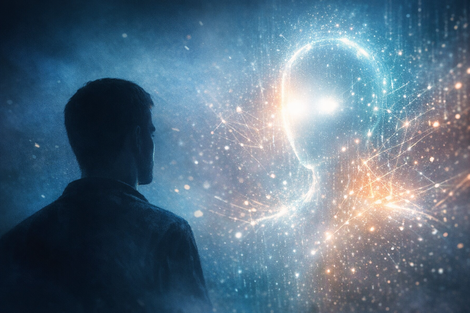 Human silhouette facing glowing AI presence