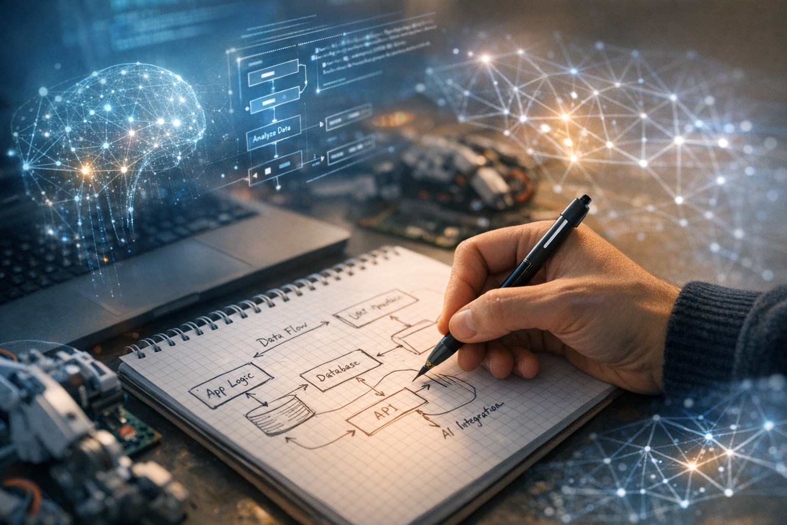 Human hand sketching a system diagram with translucent AI overlays, symbolizing human–AI co‑creation.
