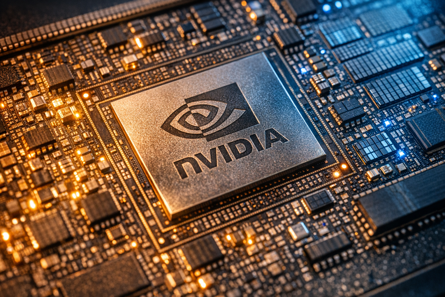 Close-up macro photograph of an NVIDIA GPU die with glowing circuitry, representing the compute powering Nemotron 3.